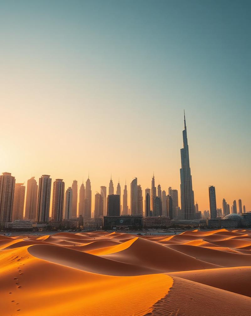 Modern city skyline rising beyond golden desert dunes at sunset