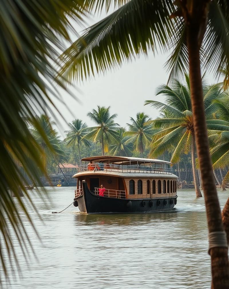 Traditional houseboat cruising Kerala backwaters framed by coconut palms