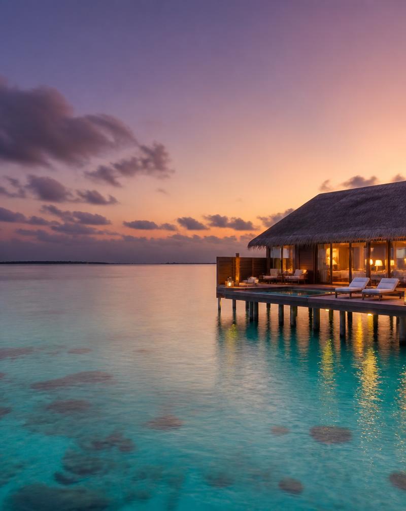 Tropical island lagoon with overwater villas, representing an Andaman escape