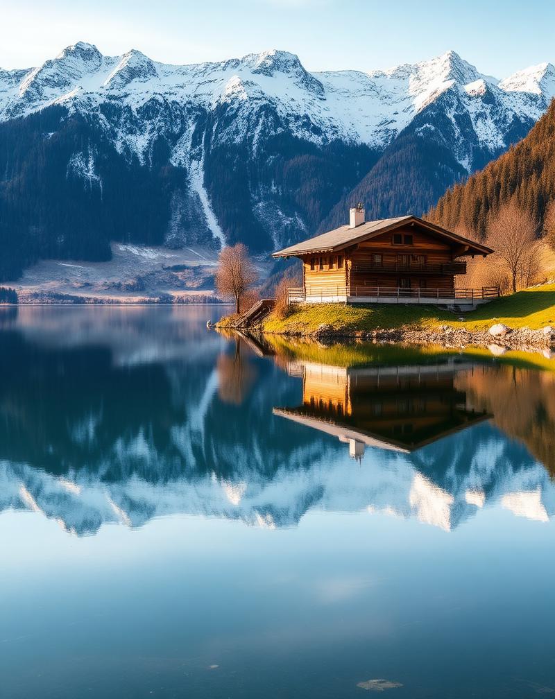 Wooden chalet beside a still alpine lake below snow-capped peaks