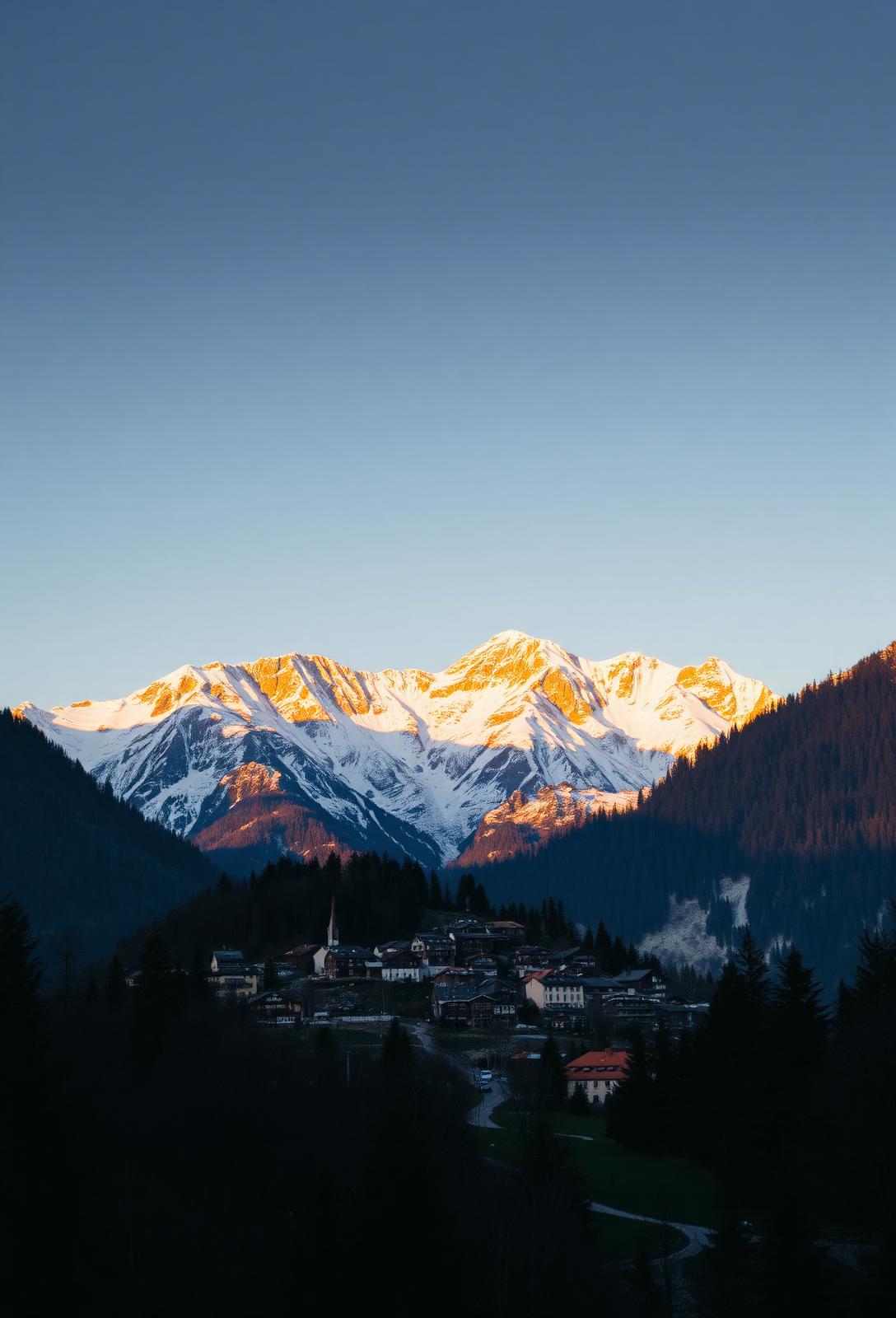 Snow-capped alpine peaks glowing above a mountain village at golden hour