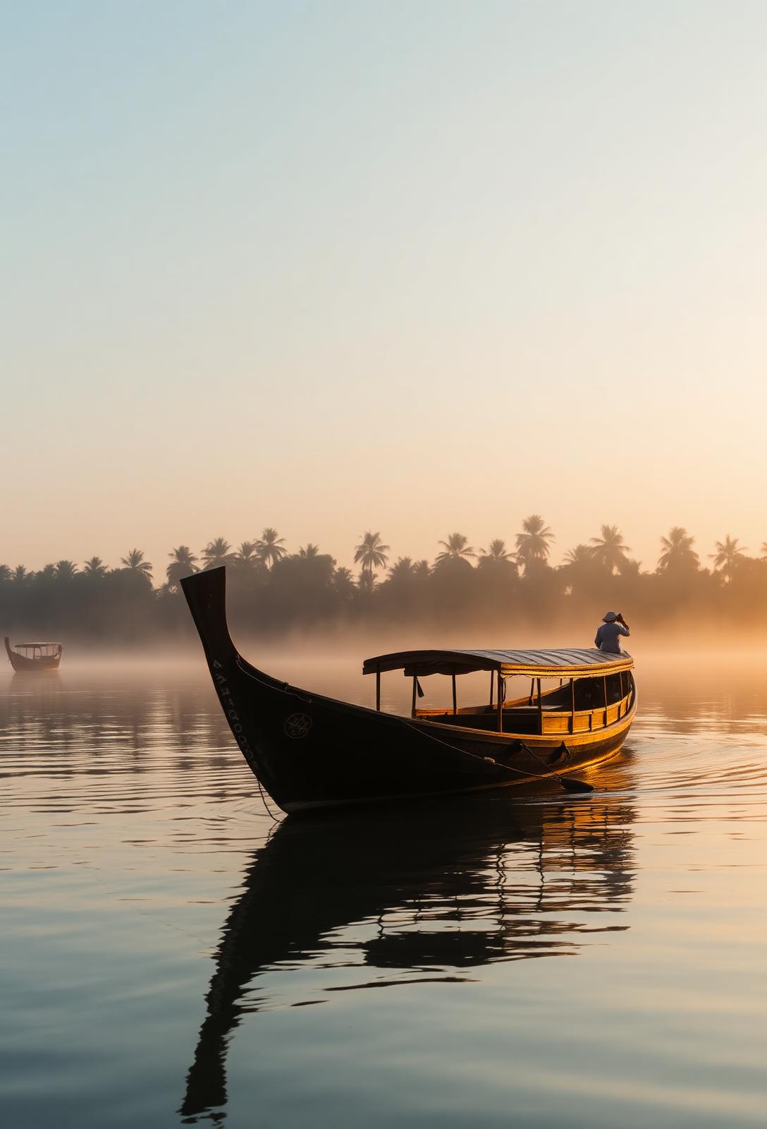 Traditional wooden boat gliding across misty backwaters at dawn
