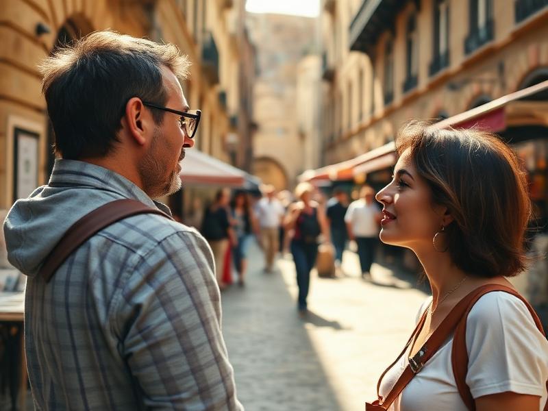 Local guide speaking with a traveller in a sunlit old town street