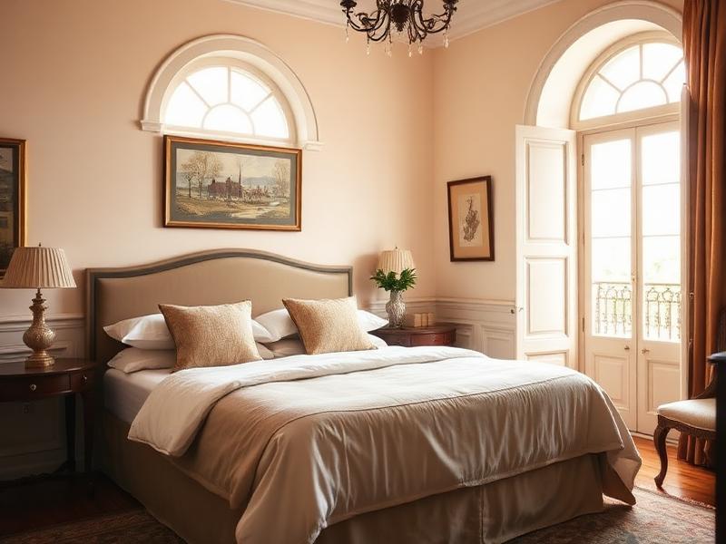Heritage hotel suite with linen bed and arched windows in morning light