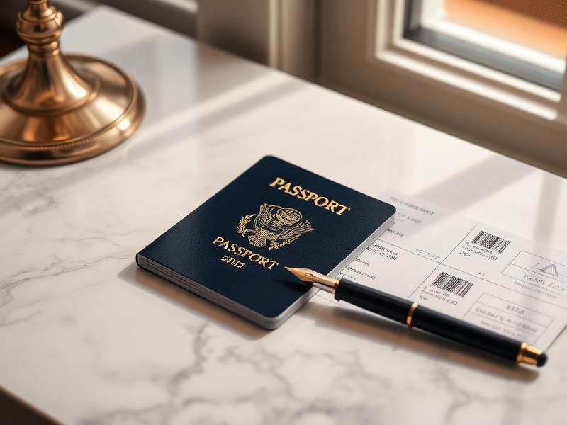 Passport, boarding pass and pen resting on a marble desk